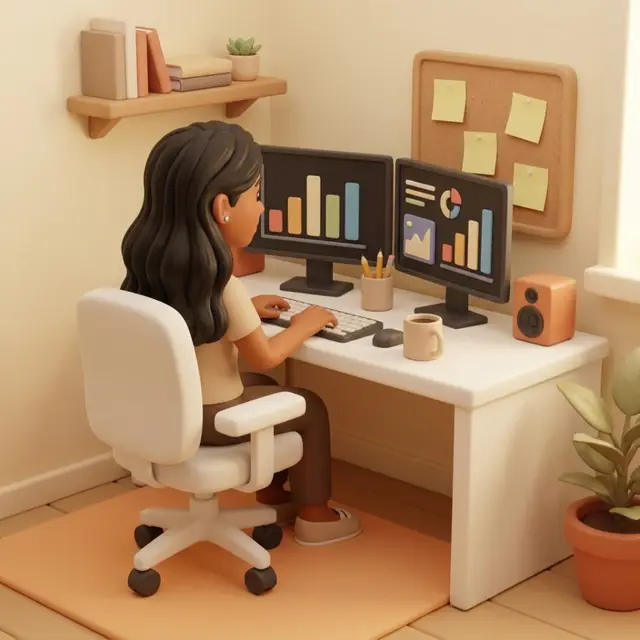 Animated 3D avatar of Roshni working at her desk. A notification pops on her second monitor, she glances over, then gets back to work.